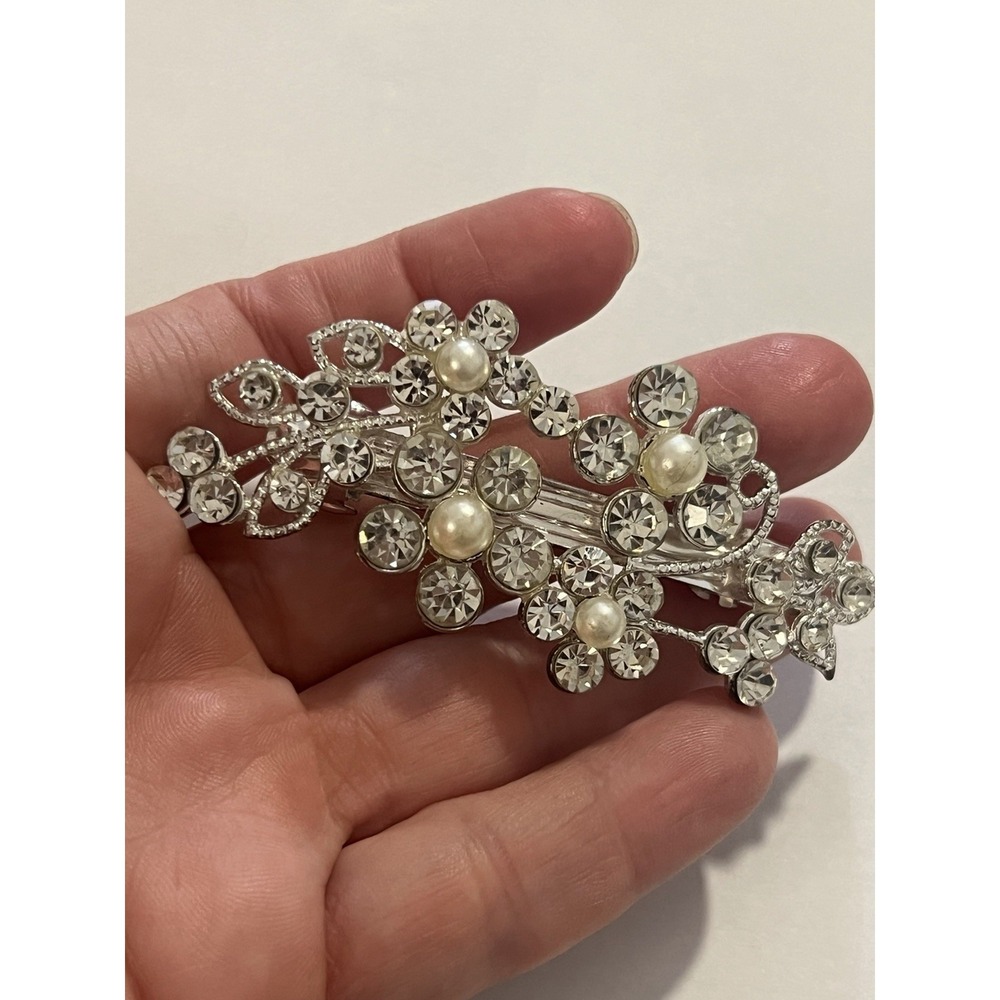 Vintage Inspired White Faux Pearl, Clear Crystal Floral Barrette Hair Silver Ton